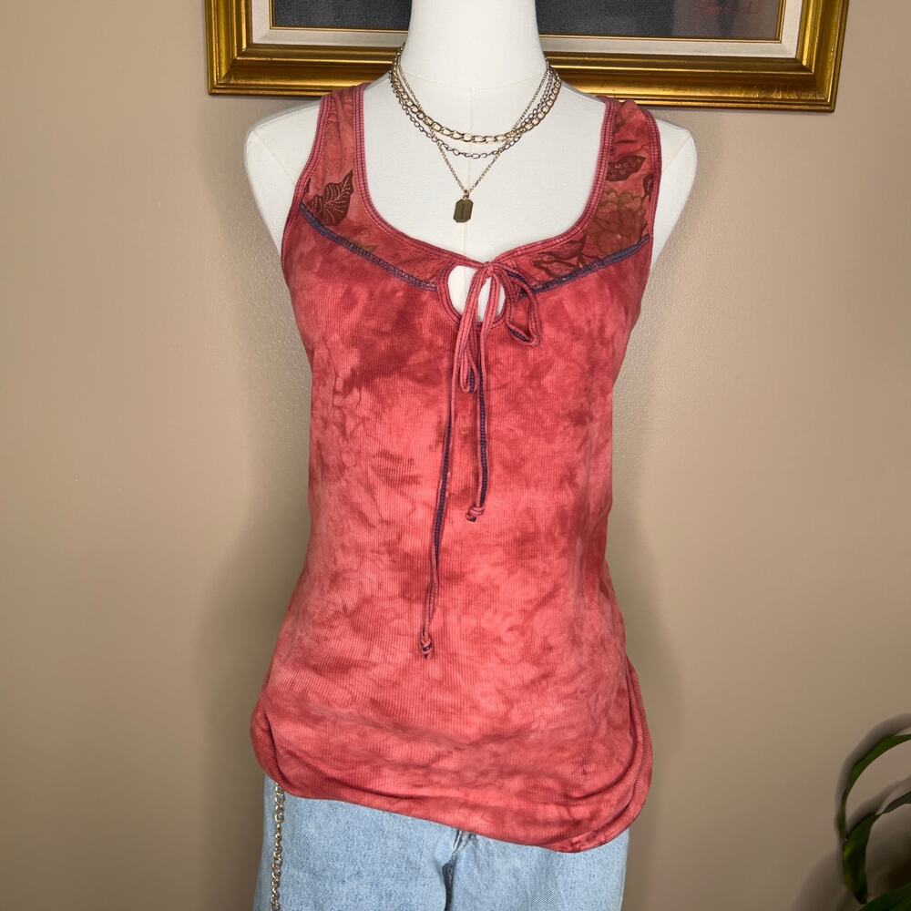 Fang Y2K Rusty Coral Ribbed Tie Keyhole Front Tank Top Fitted Size L